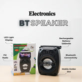 Bluetooth speaker with packaging on a white background, featuring text about product features.